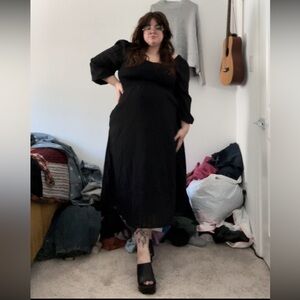 Long Sleeve Smocked Black Midi Dress